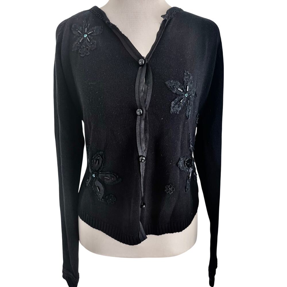 Vintage April Cornell Black Knit Rhinestone Satin Cardigan Sweater Cotton Blend